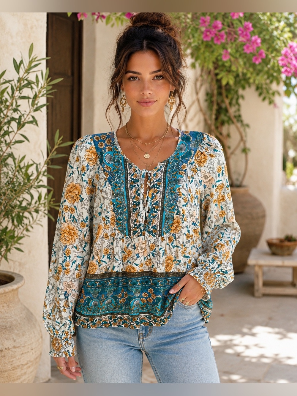 Boho Floral Peasant Blouse Size M Teal Mustard 100% Viscose Long Sleeve A31